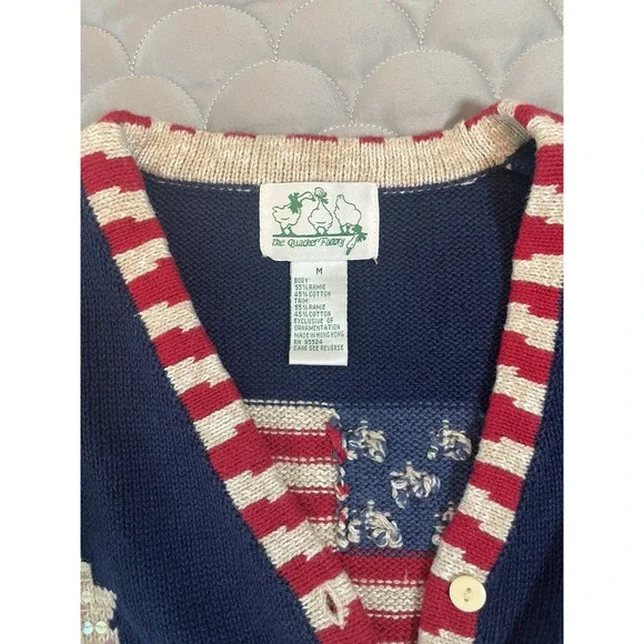 VTG Quacker Factory Blue Sweater American Flag Stars Patriotic Cardigan Sz M - Picture 2 of 7